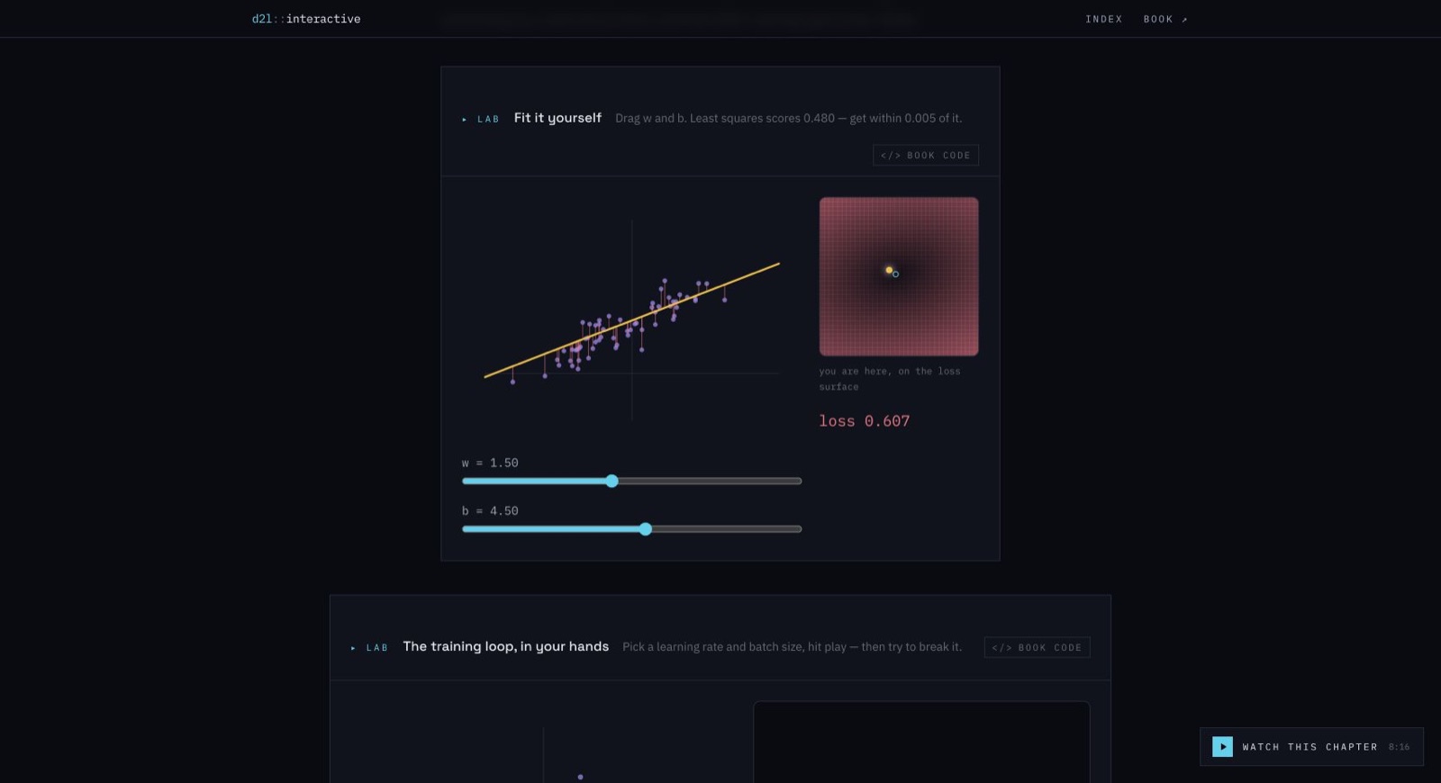Interactive linear regression exercise with model fit and training loss charts